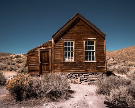Explore this rustic wooden cabin amid the arid landscape of Bridgeport, California.