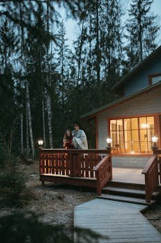 A couple wrapped in a blanket enjoys a winter evening on a forest cabin balcony.